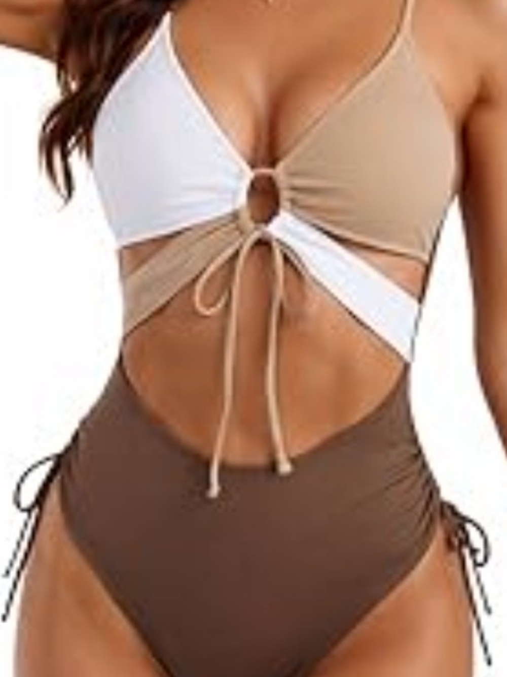 Colorblock Cutout One-Piece Swim Suit - White, Beige & Brown